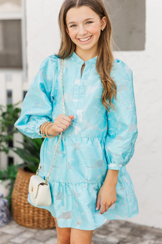 Girls: Always On My Mind Light Blue Floral Brocade Babydoll Dress | The Mint Julep Boutique