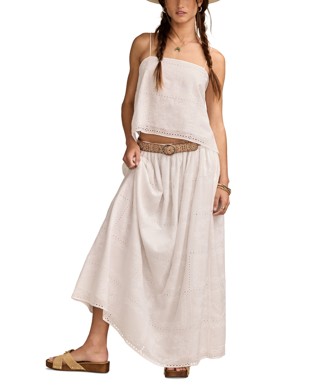 Lucky Brand Women's Embroidered Breezy Eyelet Maxi Skirt - Bright White | Macy's