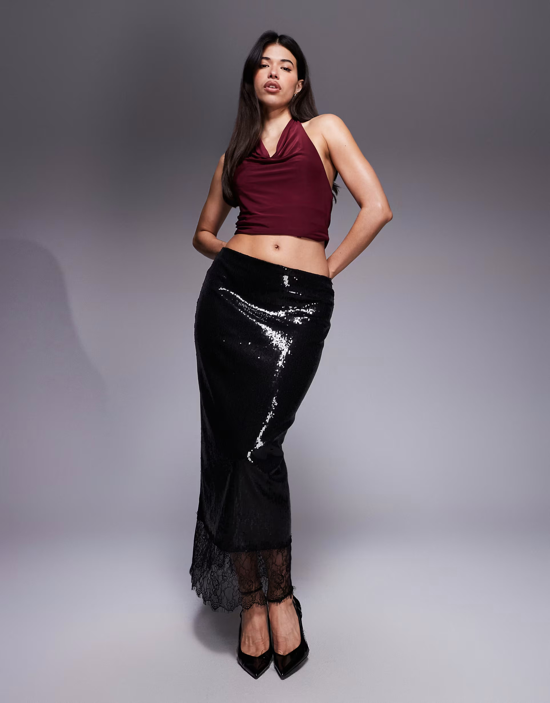 ASOS DESIGN - Kokerrok met lovertjes, halfhoge taille en kanten afwerking in zwart | ASOS (Global)