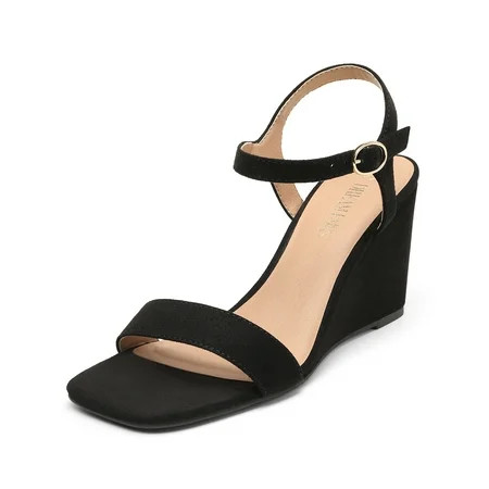 DREAM PAIRS Women’s Casual Dressy Wedge Sandals Cute Square Toe and Buckle Ankle Strappy Slingback Wedding Shoes SDPW224W BLACK/SUEDE Size 9.5 | Walmart (US)
