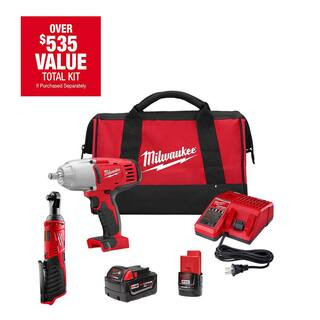 Milwaukee M18/M12 12/18V Lithium-Ion Cordless 3/8 in. Ratchet and 1/2 in. Impact Wrench with Fric... | The Home Depot