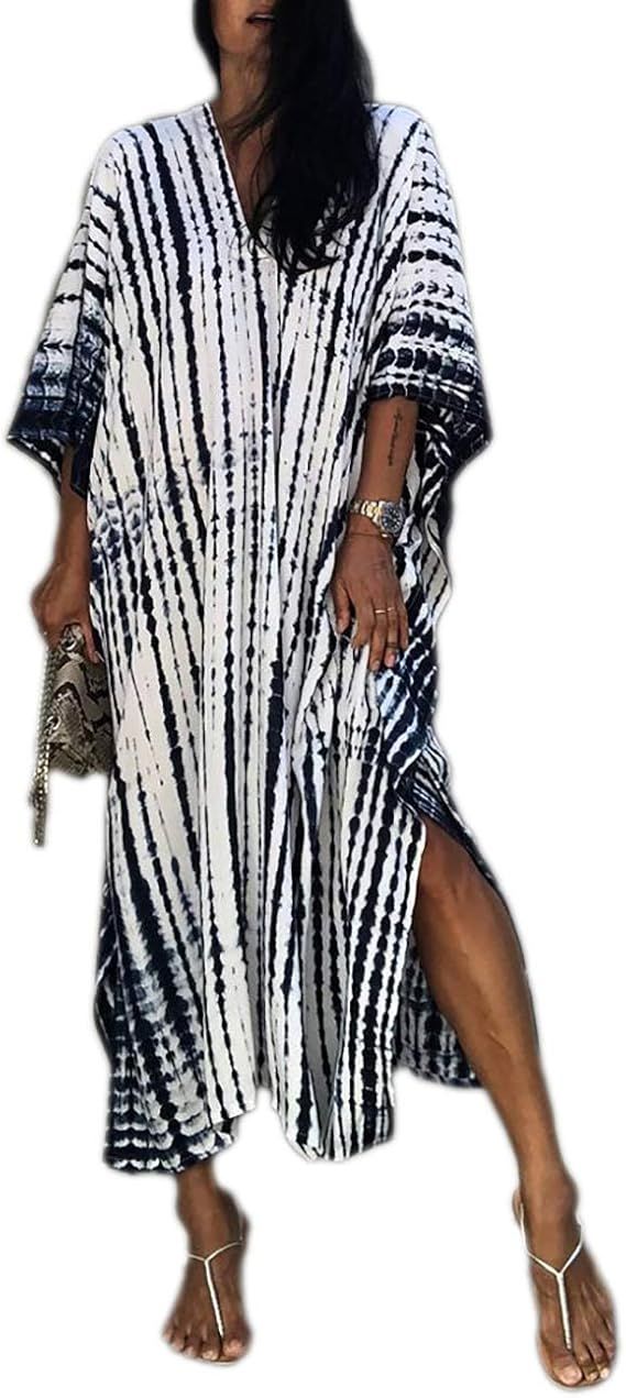 Bsubseach Women Print Beach Kaftan Dress Short Sleeve Plus Size Bathing Suit Cover Ups | Amazon (US)