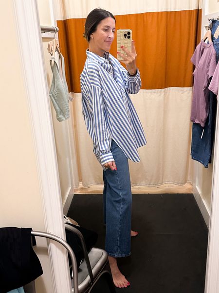 Obsessed with these Madewell jeans! Perfect Vintage Wide Leg Crop Jean
Size one size down. I’m 5’4” wearing size 25. 
LOVE this Madewell poplin button up shirt! Very oversized. Wearing XXS  

#LTKFind #LTKunder100