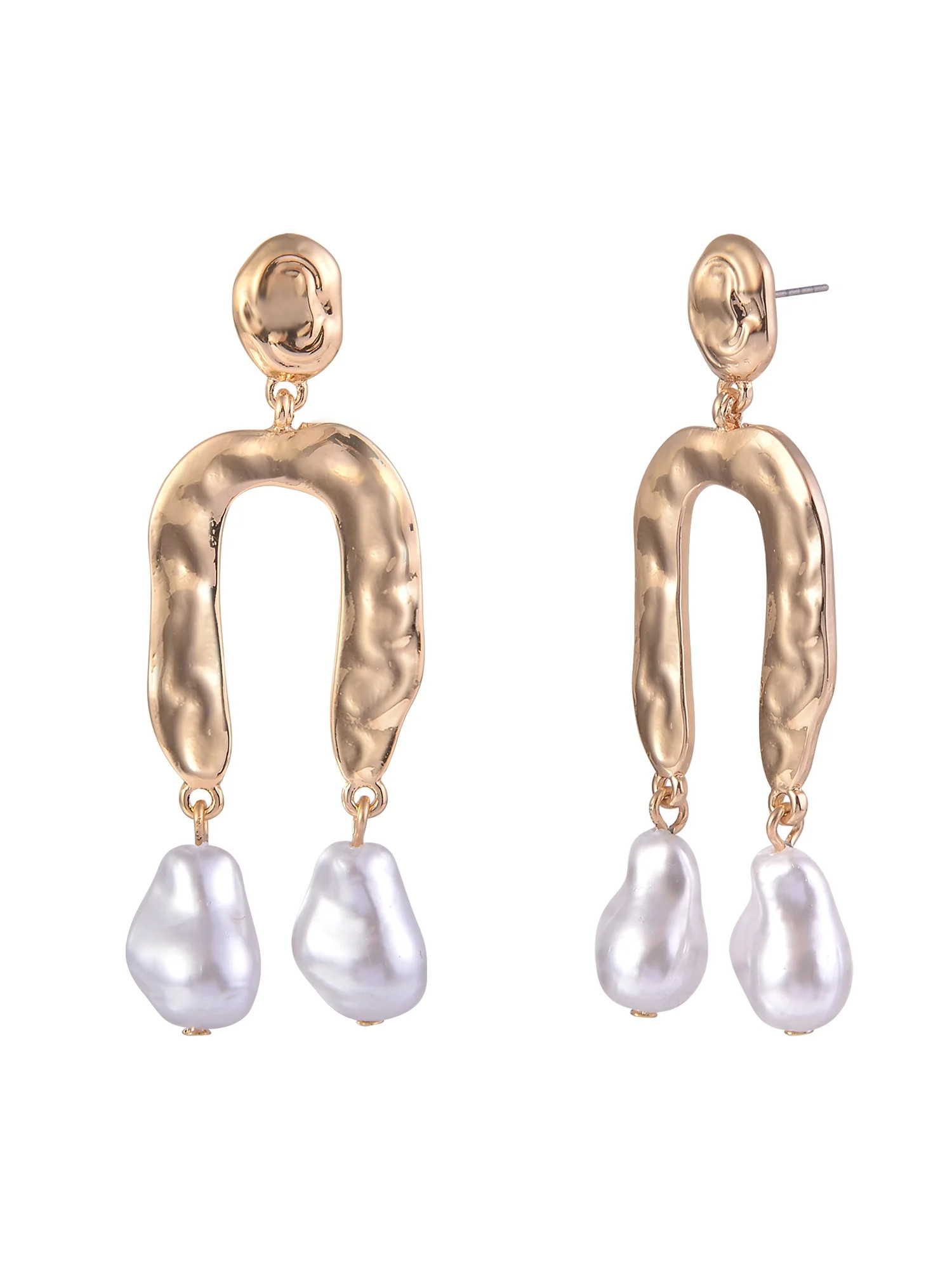 Time and Tru Women's Hammered Metal Acrylic Pearl Goldtone Post Drop Earrings | Walmart (US)