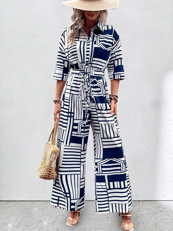 SHEIN LUNE Geo Print Drop Shoulder Belted Shirt Jumpsuit | SHEIN