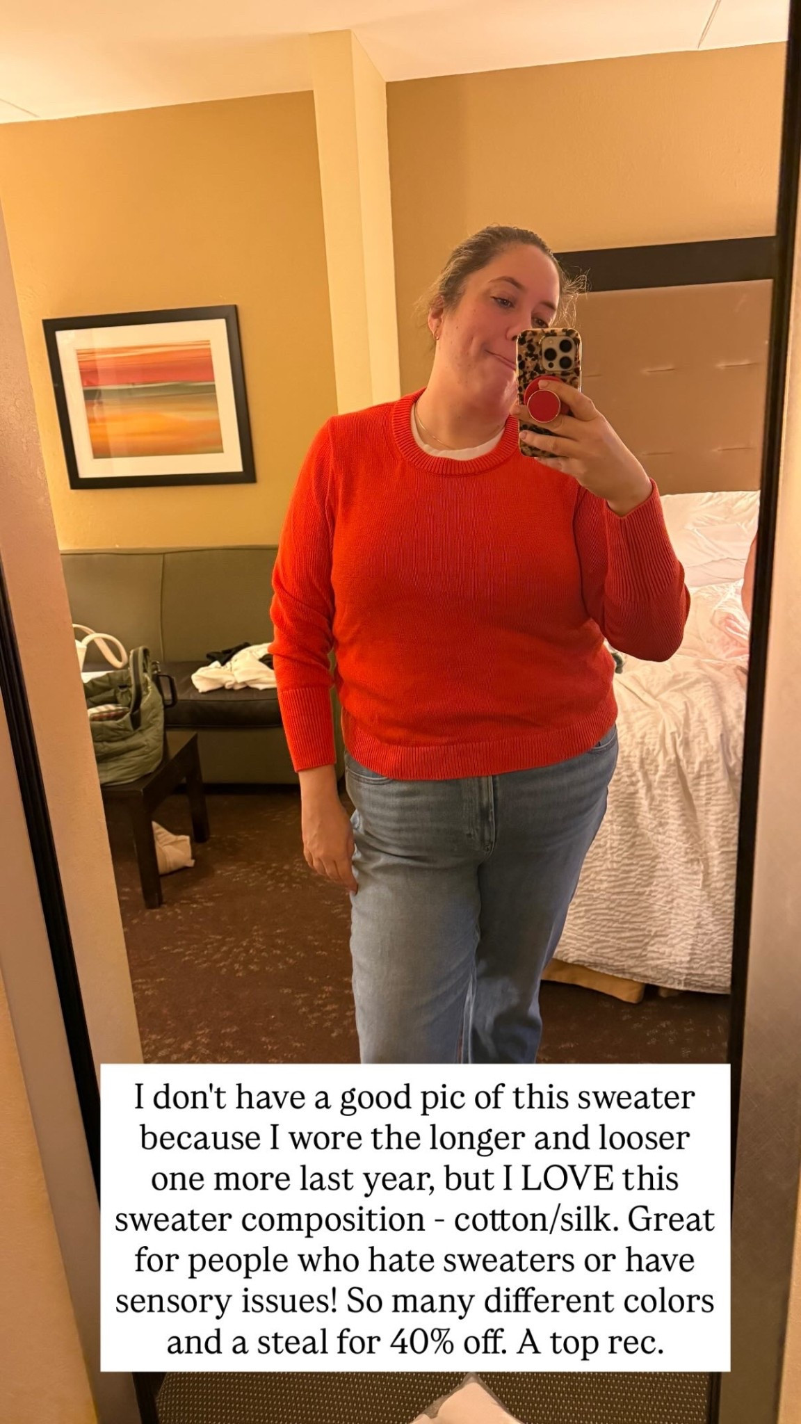 I don't have a good pic of this sweater because I wore the longer and looser one more last year, but I LOVE this sweater composition - cotton/silk. Great for people who hate sweaters or have sensory issues! So many different colors and a steal for 40% off. A top rec.

#LTKNYFW #LTKSaleAlert #LTKPlusSize