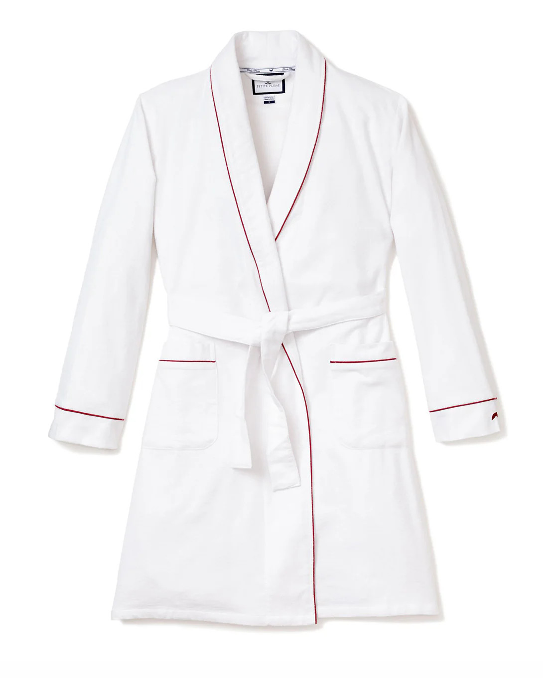 Women’s White Flannel Robe with Red Piping | Over The Moon
