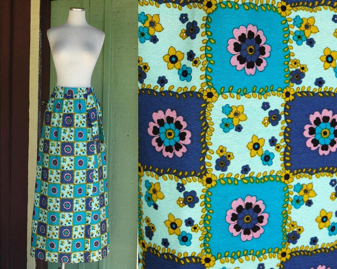 1960s Blue Turquoise Teal Purple Checkered Floral Wrap Maxi Skirt // 60s Beverly Vogue California... | Etsy (US)