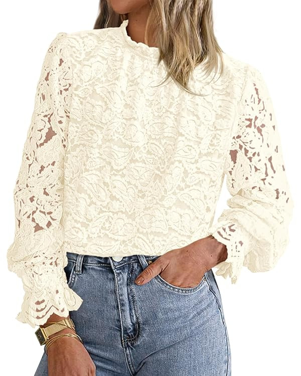 KIRUNDO Blouses for Women Dressy Casual Lace Long Sleeve Tops Mock Neck Ruffle Hem Shirts Fall Fa... | Amazon (US)