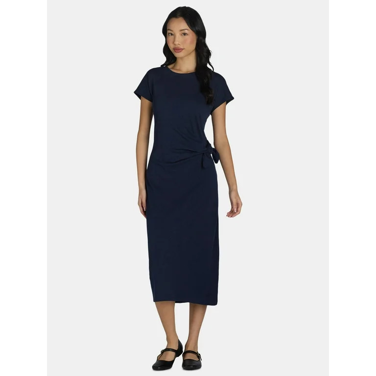 Time and Tru Women's and Women's Plus Side Tie Midi Dress with Short Sleeves, Sizes XS-4X - Walma... | Walmart (US)