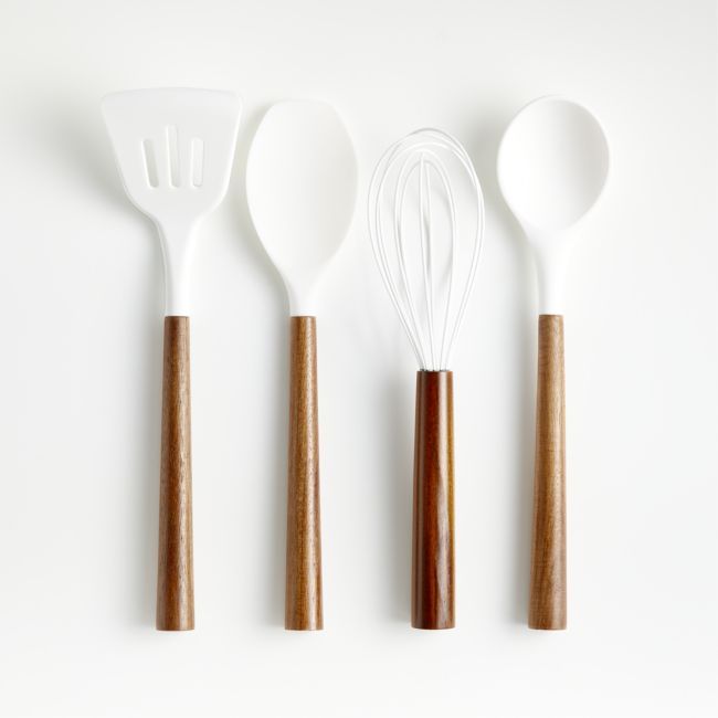 White Silicone and Acacia Utensils Gift Set | Crate & Barrel