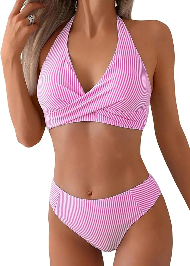 ZAFUL Halter High Waisted Bikini Sets for Women Striped Twist Front Two Piece Swimsuits Tummy Con... | Amazon (US)