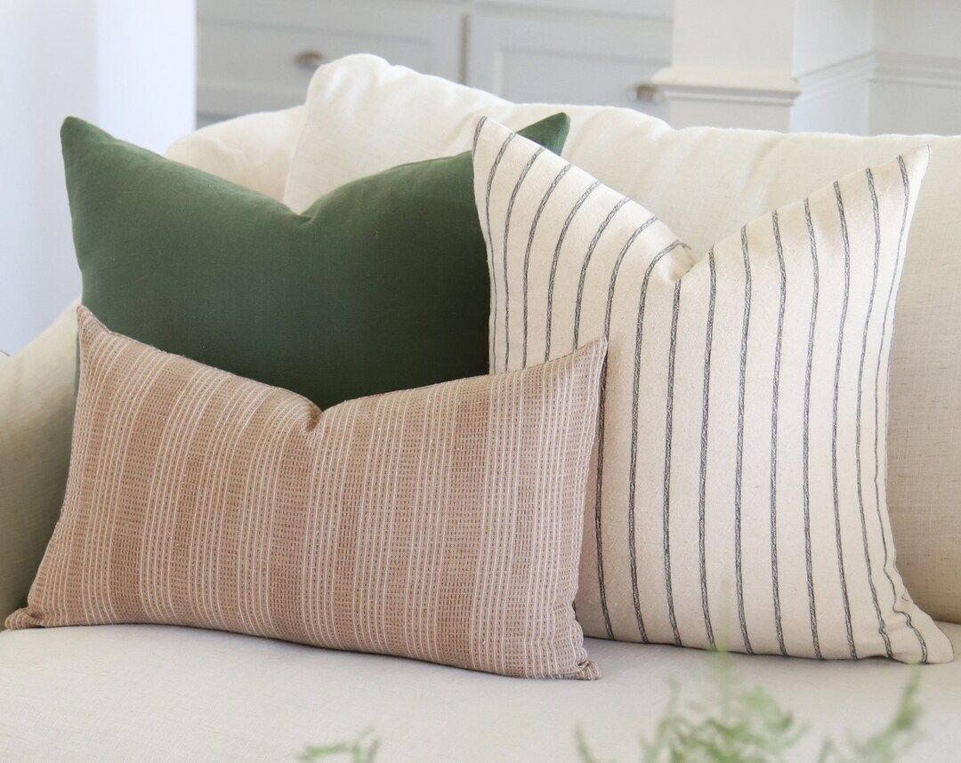 Pillow Combo, Throw Pillows Set, Green Linen Throw Pillows, Stripe Throw Pillow, Striped Throw Pi... | Etsy (US)