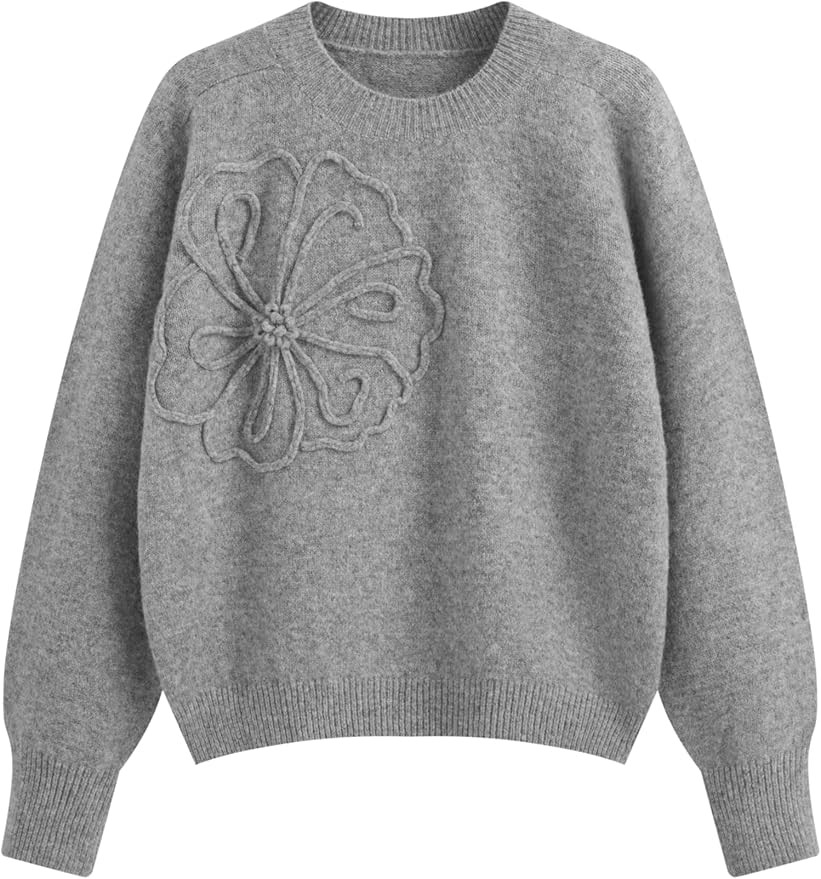 CIDER Women's Cute Sweater Crew Neck Long Sleeve Floral Pullover Fall Winter Sweaters Loose Fit K... | Amazon (US)
