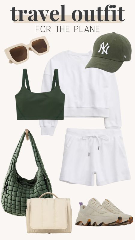 Travel outfit for the plan, comfy cute outfit, airport outfit, green free people bag, sweat shorts, hoodie, bra, green NY hat, sunglasses, sneakers, travel bag, travel shoes 

#LTKstyletip #LTKtravel #LTKshoecrush
