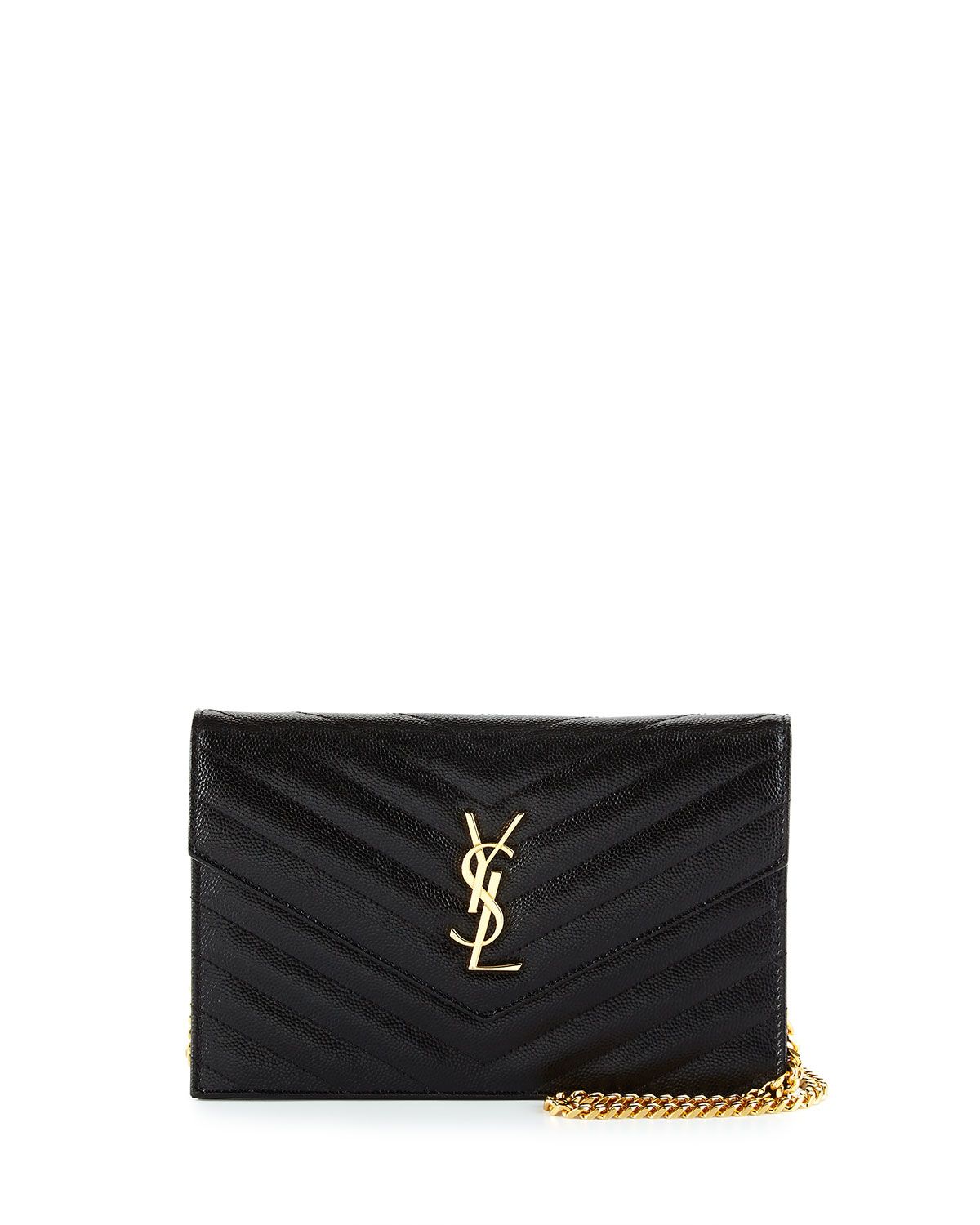 Monogram YSL Chevron Quilted Wallet on Chain, Black | Neiman Marcus