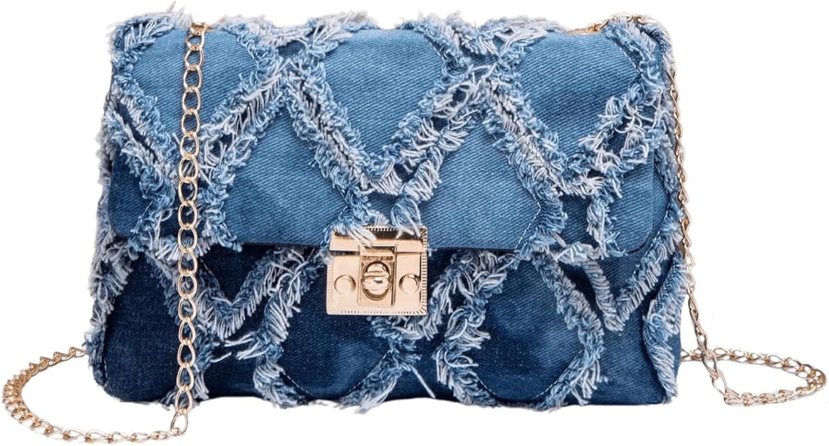 QWINEE Women's Distressed Denim Crossbody Bag Twist Lock Quilted Handbag Mini Jean Purse with Cha... | Amazon (US)