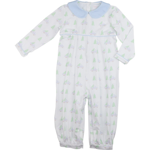 Blue Gingham Truck And Christmas Tree Knit Long Romper | Cecil and Lou