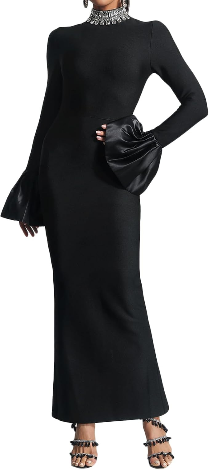 Rhinestone Bandage Dress High Neck Bodycon Dress Clssy Long Sleeve Dress Maxi Cocktail Dresses fo... | Amazon (US)