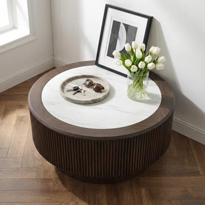 Modern Round Coffee Table with Faux Marble Top and Sturdy Pedestal Base | Wayfair North America