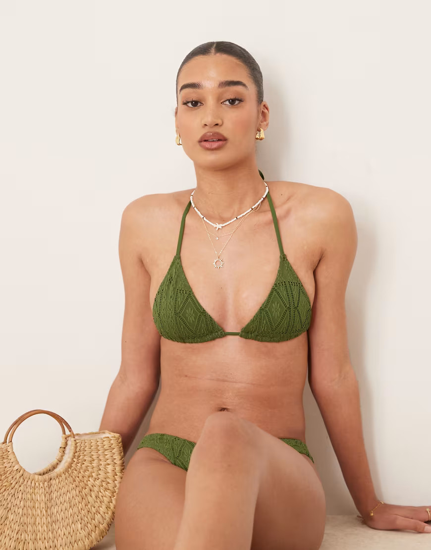 ASOS DESIGN Bertie eyelet triangle bikini top in olive green | ASOS (Global)