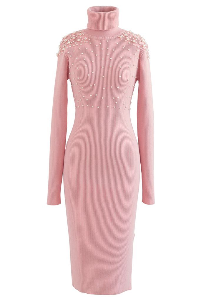 Pearl Decorated Turtleneck Bodycon Knit Dress in Pink | Chicwish