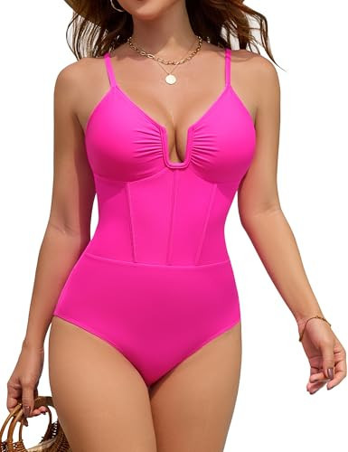 Blooming Jelly Womens One Piece Swimsuit Shapewear Tummy Control Corset Bathing Suit Ladies Modest Slimming Retro Swimwear 2025 (Medium, Hot Pink) | Amazon (US)