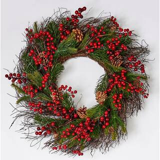 25 in. Artificial Mixed Pine Berry Cone Wreath 7781 - The Home Depot | The Home Depot