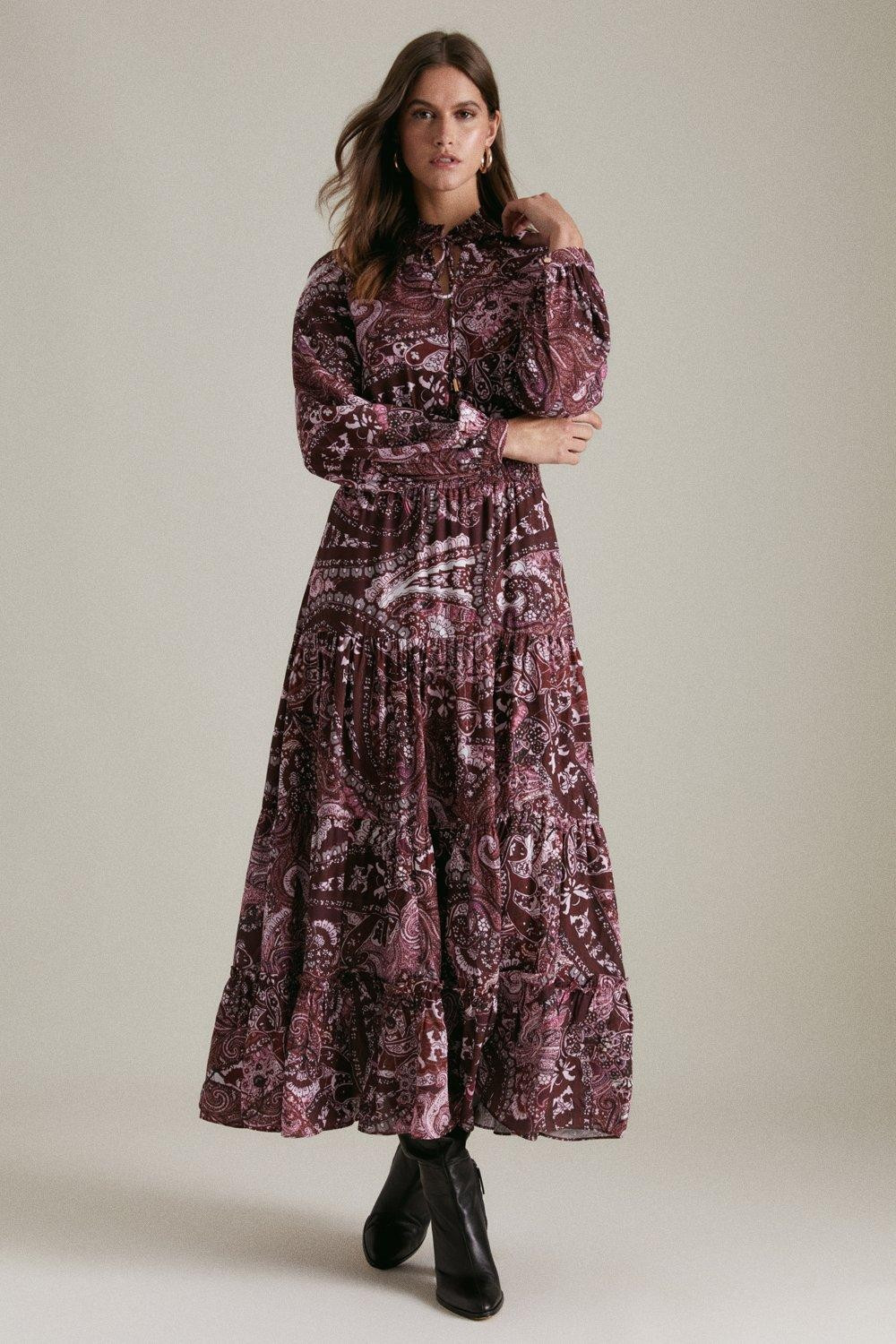Paisley Shirred Woven Maxi Dress | Karen Millen UK & IE