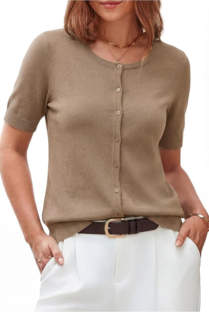 Arach&Cloz Women's Lightweight Short Sleeve Business Casual Cropped Cardigan Tops | Amazon (US)