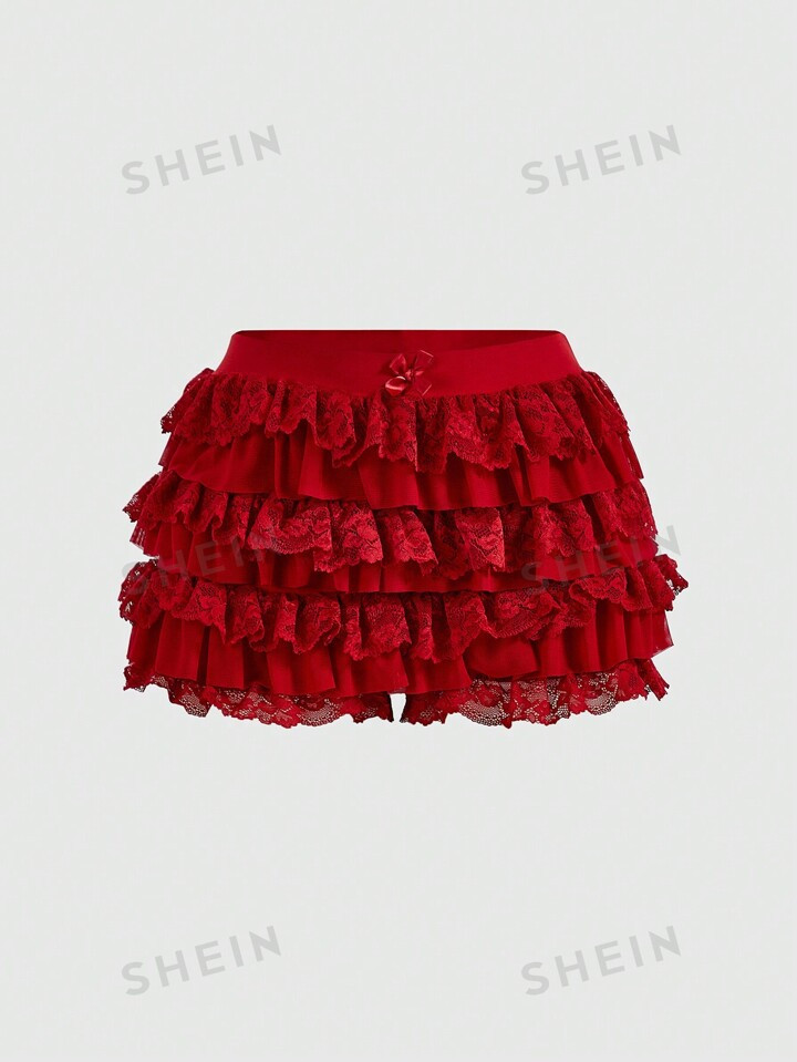 SHEINNeu Summer  Women Coquette Balletcore  Sweet Bow Kawaii Mesh Contrast Lace Ruffle Trim Low W... | SHEIN