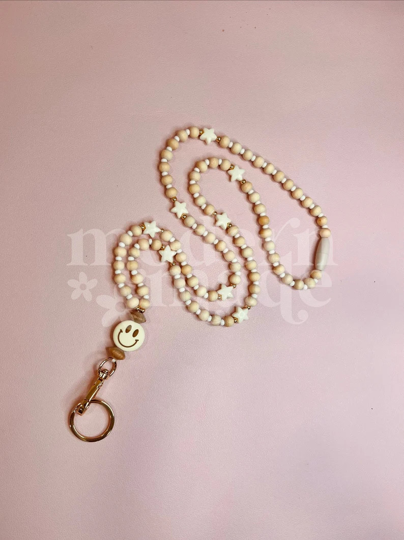 Happy Stars Teacher Lanyard, Teacher Gift, Badge Necklace, Fun Lanyard, Wood Bead Lanyard, Beaded... | Etsy (US)