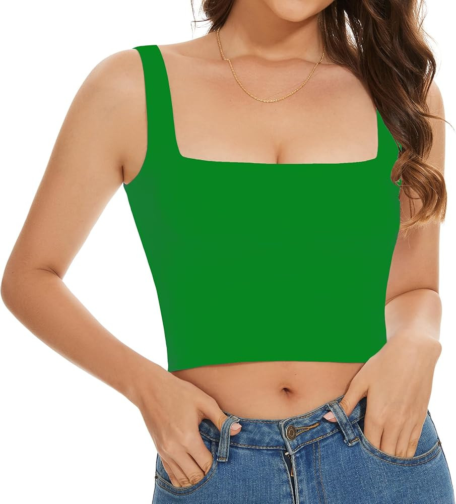 Women’s Sleeveless Crop Tops Square Neck Double Layer Workout Fitness Basic Cropped Tank Top | Amazon (US)