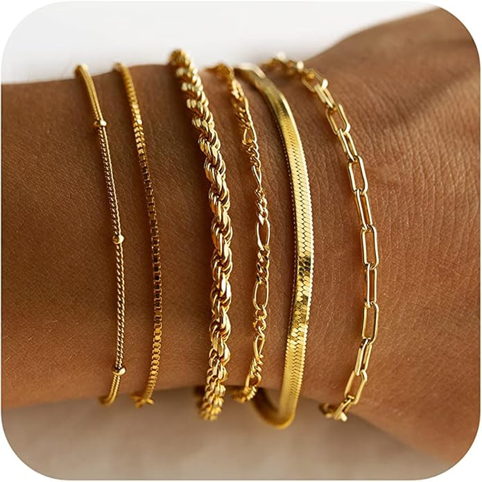 DEARMAY Gold Bracelets for Women Waterproof, 14K Real Gold Jewelry Sets for Women Trendy Thin Dai... | Amazon (US)