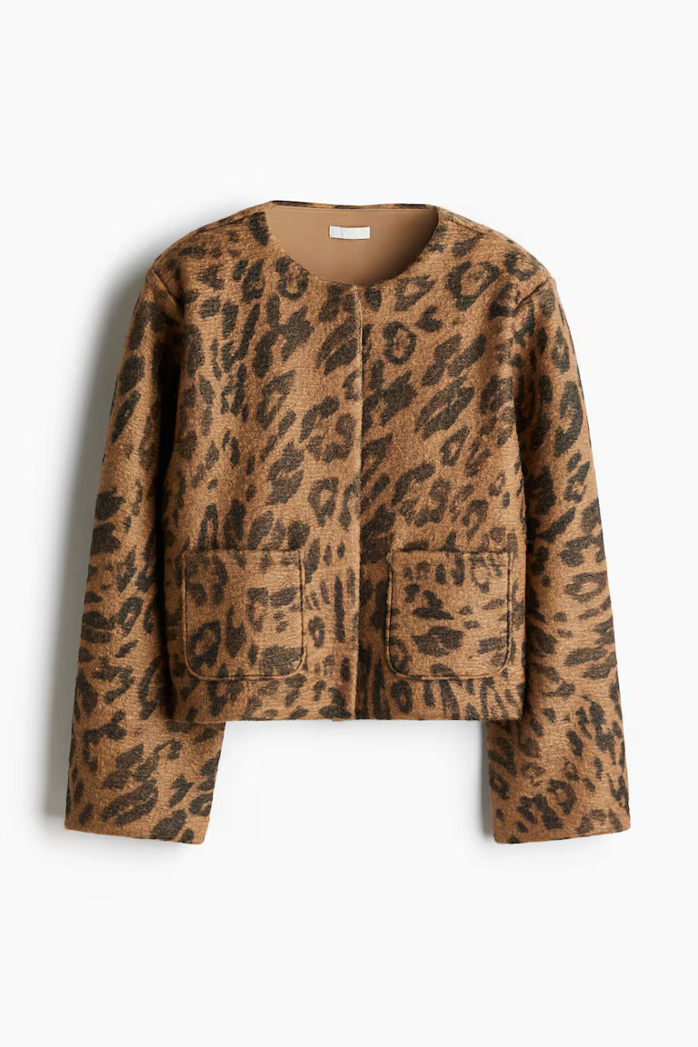 Knitted jacket - Round neck - Long sleeve - Dark beige/Leopard print - Ladies | H&M GB | H&M (UK, MY, IN, SG, PH, TW, HK)