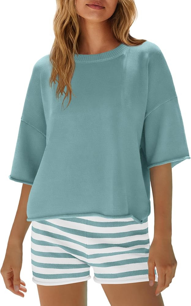 Yanekop Womens Striped Set 2 Piece Outfits Sets Oversized Summer Lounge Short Sets Beach Vacation... | Amazon (US)