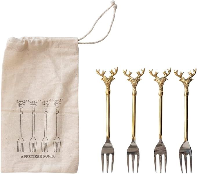 Creative Co-Op Stainless Steel and Brass Forks with Gold Finish Reindeer Handles, Set of 4 in Pri... | Amazon (US)