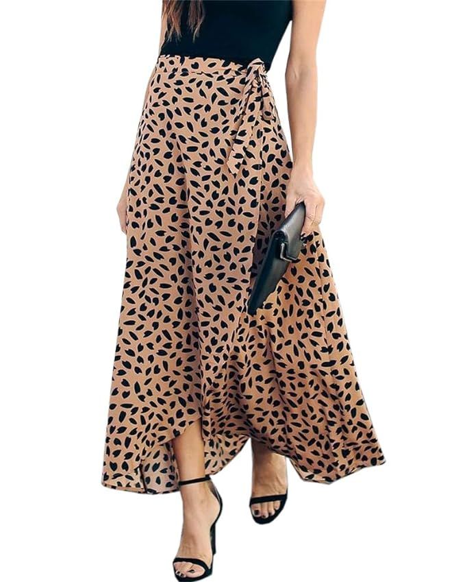 Womens Maxi Skirt Leopard Print Chiffon Beach Pleated High Waisted A-Line Long Skirts | Amazon (US)