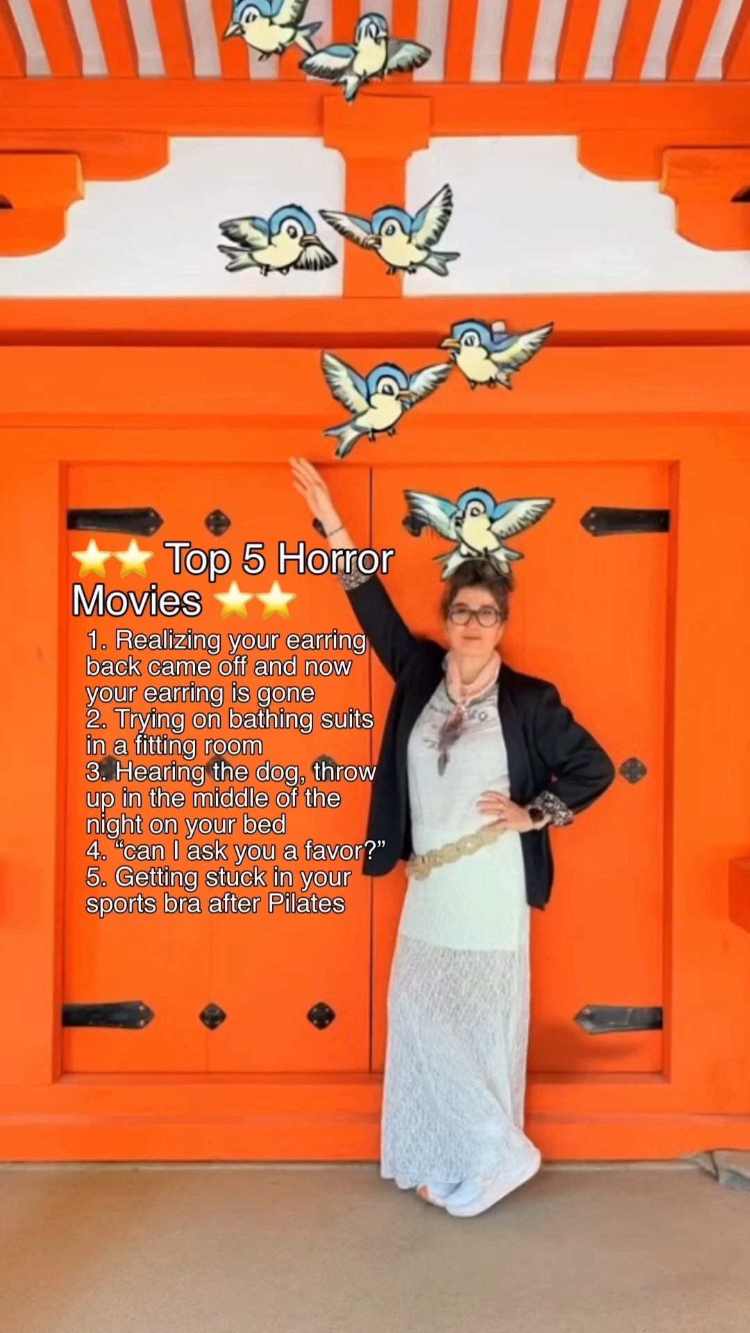 Earrings - https://www.theardant.com/SARA73334

Download a photo of you & a photo of your favorite animated character. Upload both to ChatGPT & use this prompt (replace “birds” with your character):
“Use the photo as the reference image & keep it completely unchanged & fully photorealistic. Do not modify the person except allowing interaction with the animated characters. No changes to the background, lighting, or colors.
Add 10 animated birds using the same character style from the reference image, keeping their colors, personalities & expressions consistent. Place them separately around the woman so they feel naturally scattered throughout the scene, not grouped together.
The birds should appear independently moving while still feeling connected, with playful & curious expressions as if accompanying her. Keep them clearly 2D hand-drawn with soft outlines, warm tones & expressive faces while the rest of the image stays realistic.
Match the natural daylight lighting of the doorway scene with soft highlights & subtle shadows beneath the birds so they feel grounded in the environment. Keep their size balanced so they are noticeable but not overpowering.
The overall mood should feel playful, cinematic, nostalgic, and realistic — like a casual iPhone photo/video with animated characters added naturally into the scene.”
Then upload the image/video into CapCut & use this motion prompt:
“In front of this doorway in daylight, the camera remains completely still. The birds now fly naturally around the woman with fluttering wings while one lands gently on her outstretched arm.
Their movement should feel smooth, grounded & believable. Some birds walk lightly on the floor, others circle softly around her, while a few glide upward or downward naturally. They subtly interact through head turns, eye contact & gentle movements.
Lighting remains consistent with natural daylight & shadows move softly &  realistically. The overall look stays photorealistic with the animated birds adding a cinematic, whimsical layer of motion without becoming chaotic or exaggerated.