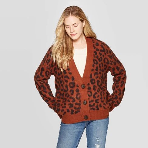 Women's Leopard Print Long Sleeve V-Neck Cardigan - Universal Thread™ Brown | Target