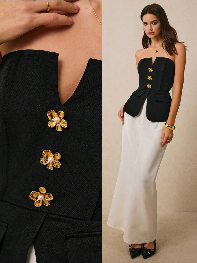 Poéselle Chic Black Strapless Corset Style Top With Metallic Floral Button Embellishment - Ideal... | SHEIN