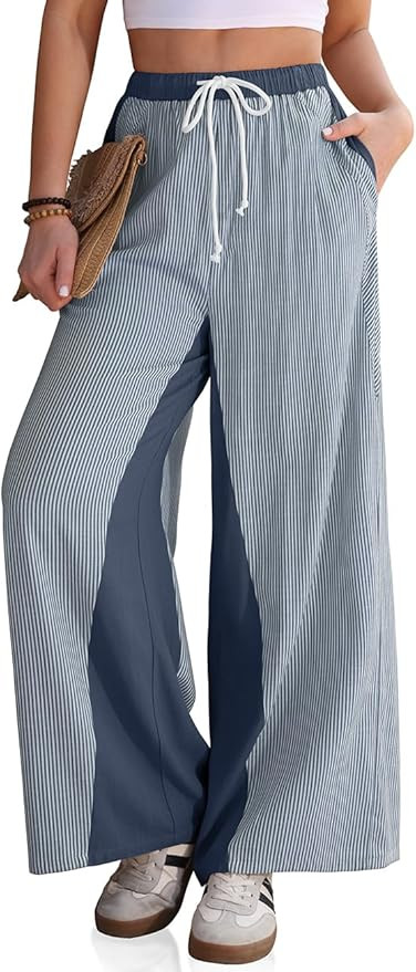 TARSE Women’s Linen Wide Leg Pants Striped Drawstring Elastic Waist Loose Fit Summer Boho Casua... | Amazon (US)