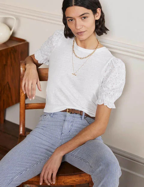 Broderie Sleeve Linen T-Shirt | Boden (US)