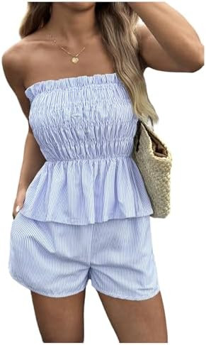SweatyRocks Women's 2 Piece Vacation Outfits Striped Ruffle Hem Tube Top and Shorts Set Summer | Amazon (US)