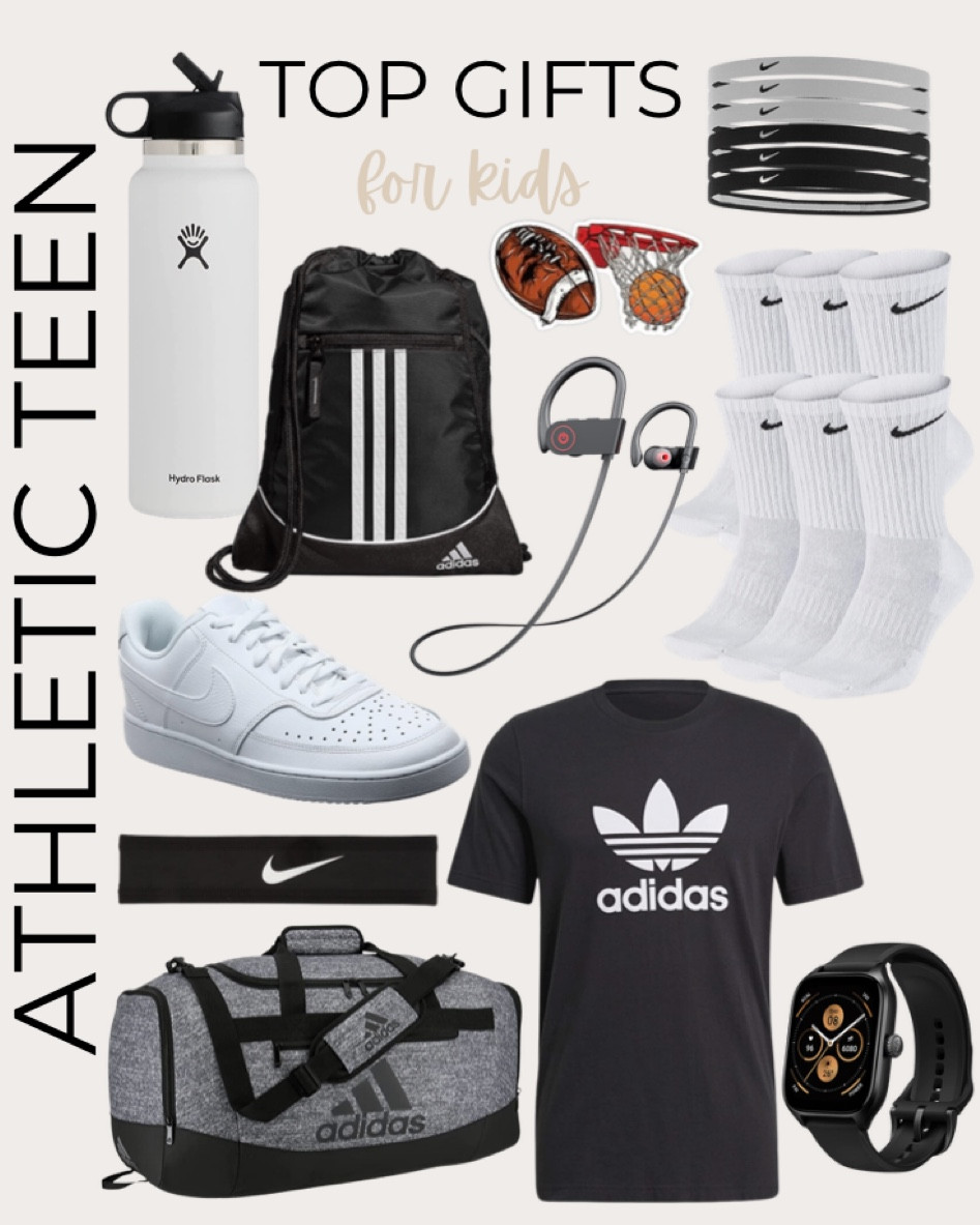 Gifts for the athletic teen include Nike socks, smart watch, adidas tee, duffle bag, Nike sweatband, Nike Court Vision sneakers, adidas sackpack, headphones, sports sticker pack, Nike hair ties, and hydro flask.

Teen gifts, gift guide, gifts for teens, gifts for him, gifts for her, gifts for kids, Christmas gifts

#LTKmens #LTKunder100 #LTKkids
