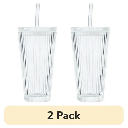(2 pack) Better Homes & Gardens Ribbed 21oz Glass Tumbler with Glass Lid and Straw | Walmart (US)