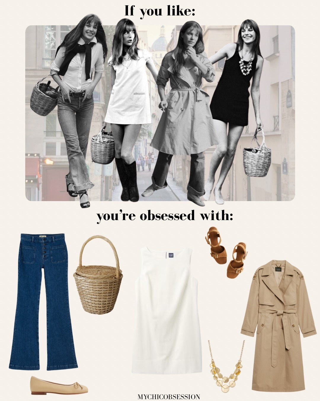 If Jane Birkin is your style icon inspo, take inspiration from her 70s timeless style with flare jeans, wicker basket bag, suede clogs, trench coat, shift dress, and ballet flats 

#LTKStyleTip