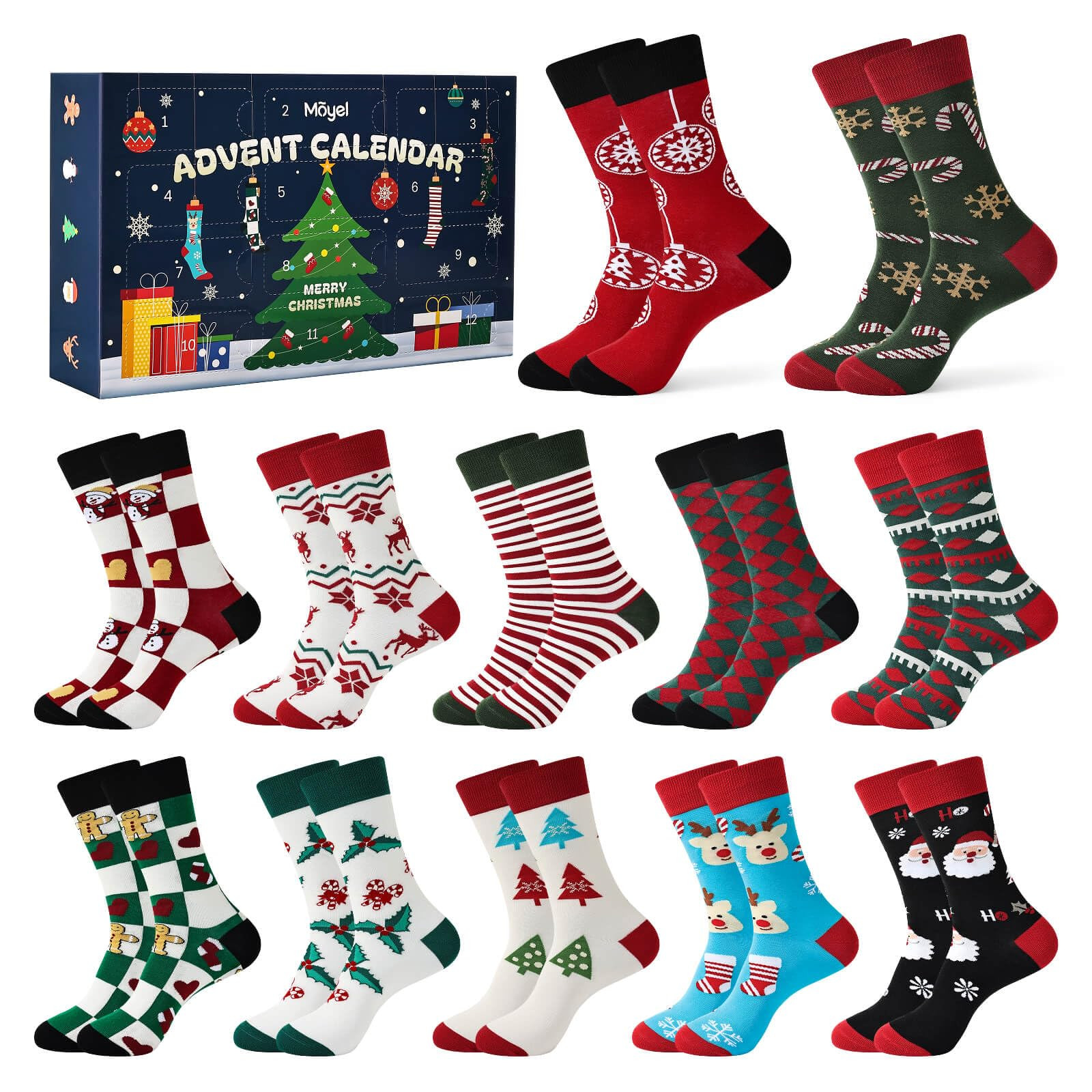 Moyel Advent Calendar 2025 Adult Men 12 Days of Christmas Cotton Socks US 7-13 Fun Christmas Sock... | Amazon (US)