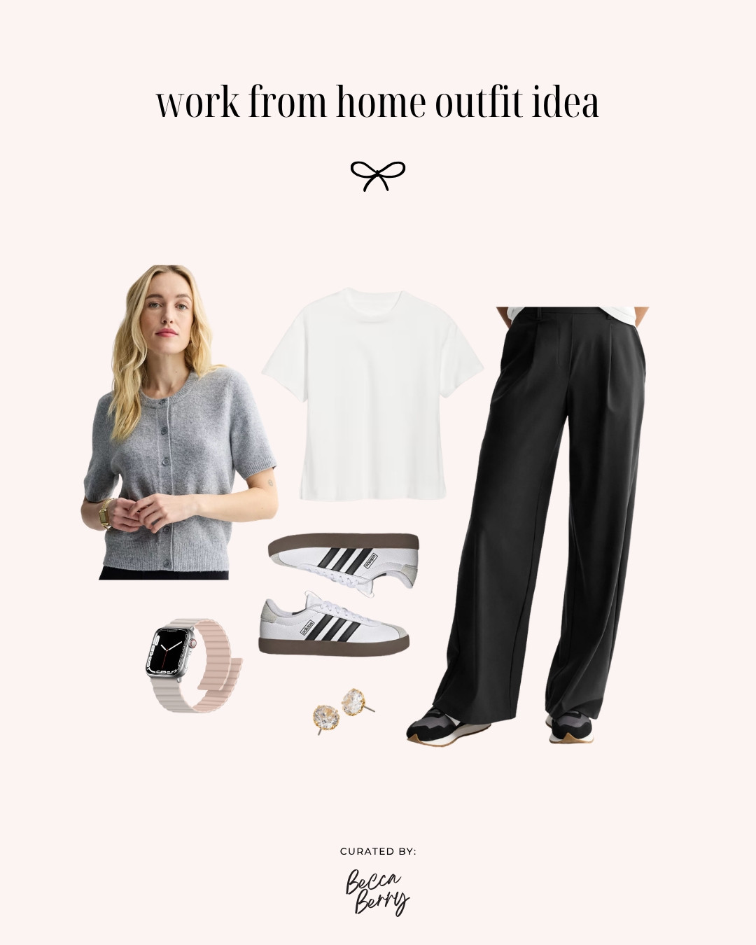 Business casual WFH outfit (midsize approved) that can also be worn in the office.

Outfit details include:
Short sleeve cardigan (Nine West from Kohls)
Classic crew neck t-shirt(Vintage tee from Old Navy)
Adidas sneakers (Amazon or Kohls)
Wide leg pants (FLX from Kohls)

Accessories:
Kate Spade stud earrings
Magnetic Apple Watch band 

 #LTKgrwm #LTKootd #LTKWorkwear