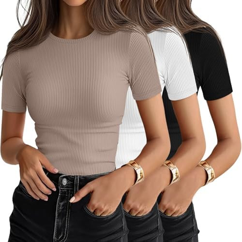 Ficerd 3 Pack Women's Ribbed T-Shirts, Cotton Short Sleeve Basic Tees Crewneck Fitted Tops Casual... | Amazon (US)